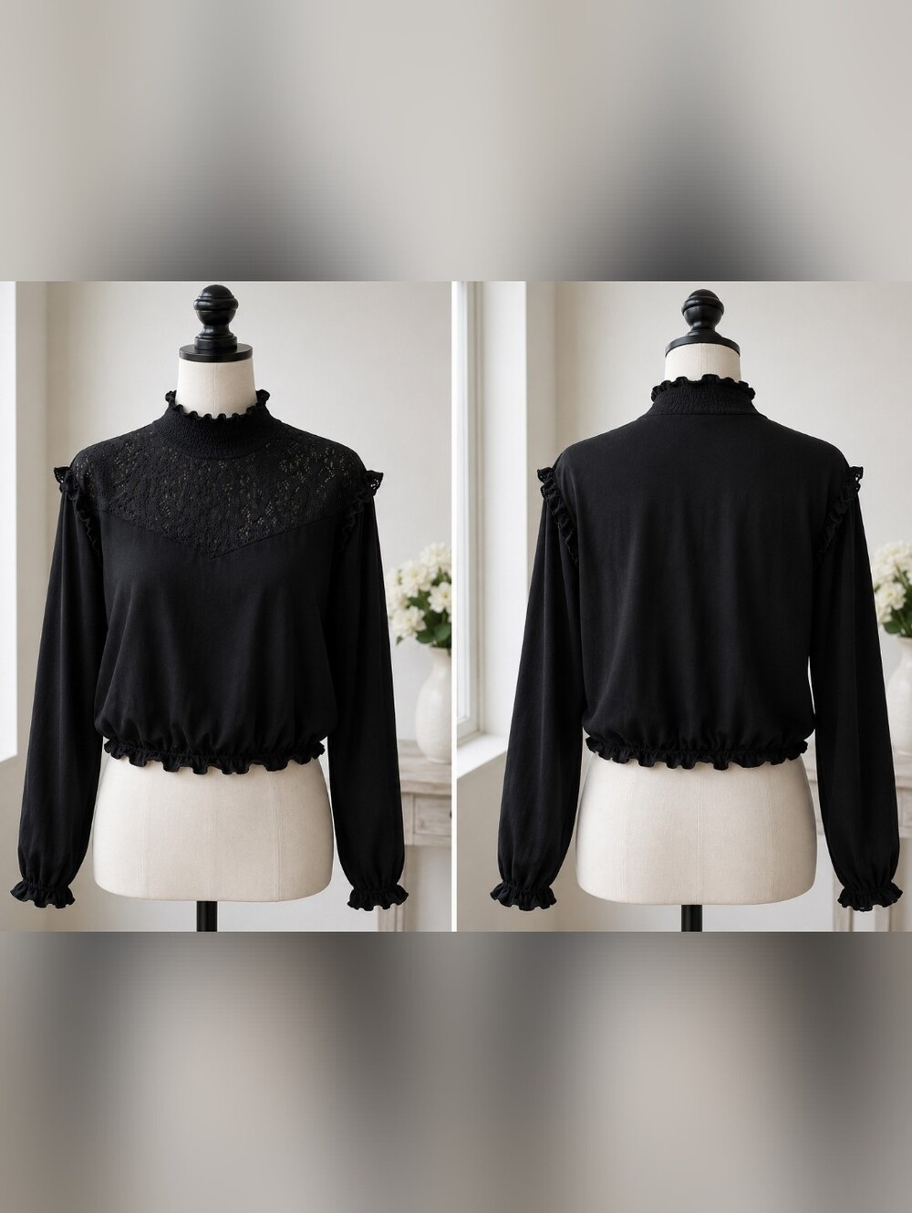 Fashion Island Black High Neck Lace Blouse Size M